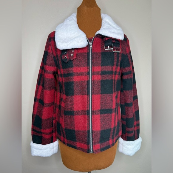 Coffee Shop Women's Jacket Red Plaid Faux Fur Collar Full Zip Front Medium - Picture 1 of 8